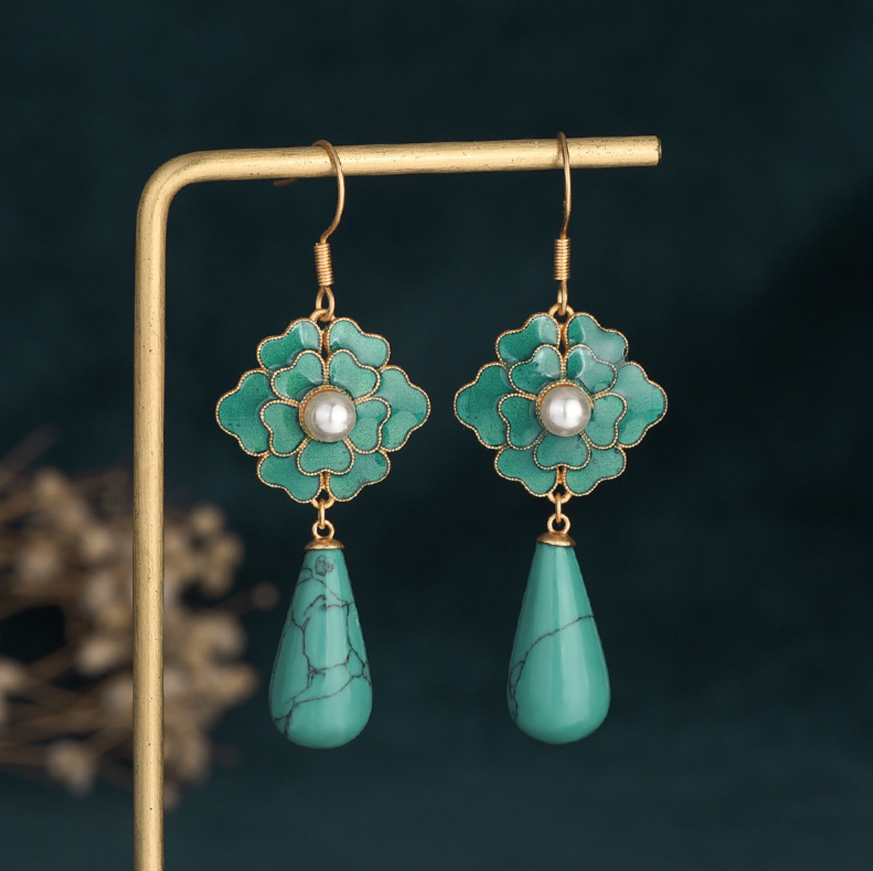 Turquoise Drop Dangle Earrings Cloisonne Boho Gemstone Flower 18K Gold Plated