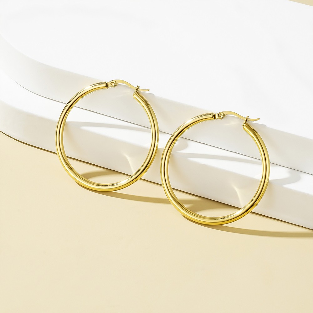 14K Real Solid Yellow Gold Shiny Polished Round Creole Hoop Earrings All Sizes