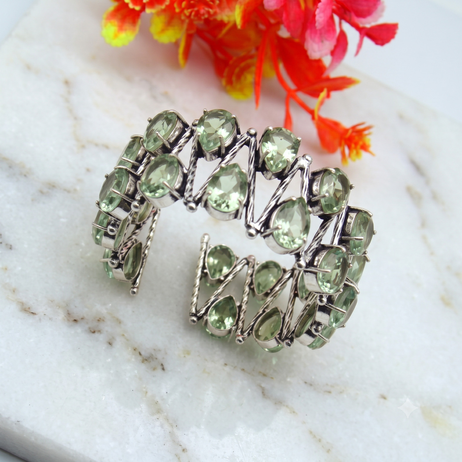 Green Amethyst Gemstone Handmade 925 Sterling Silver Cuff Bracelet Jewelry 8″