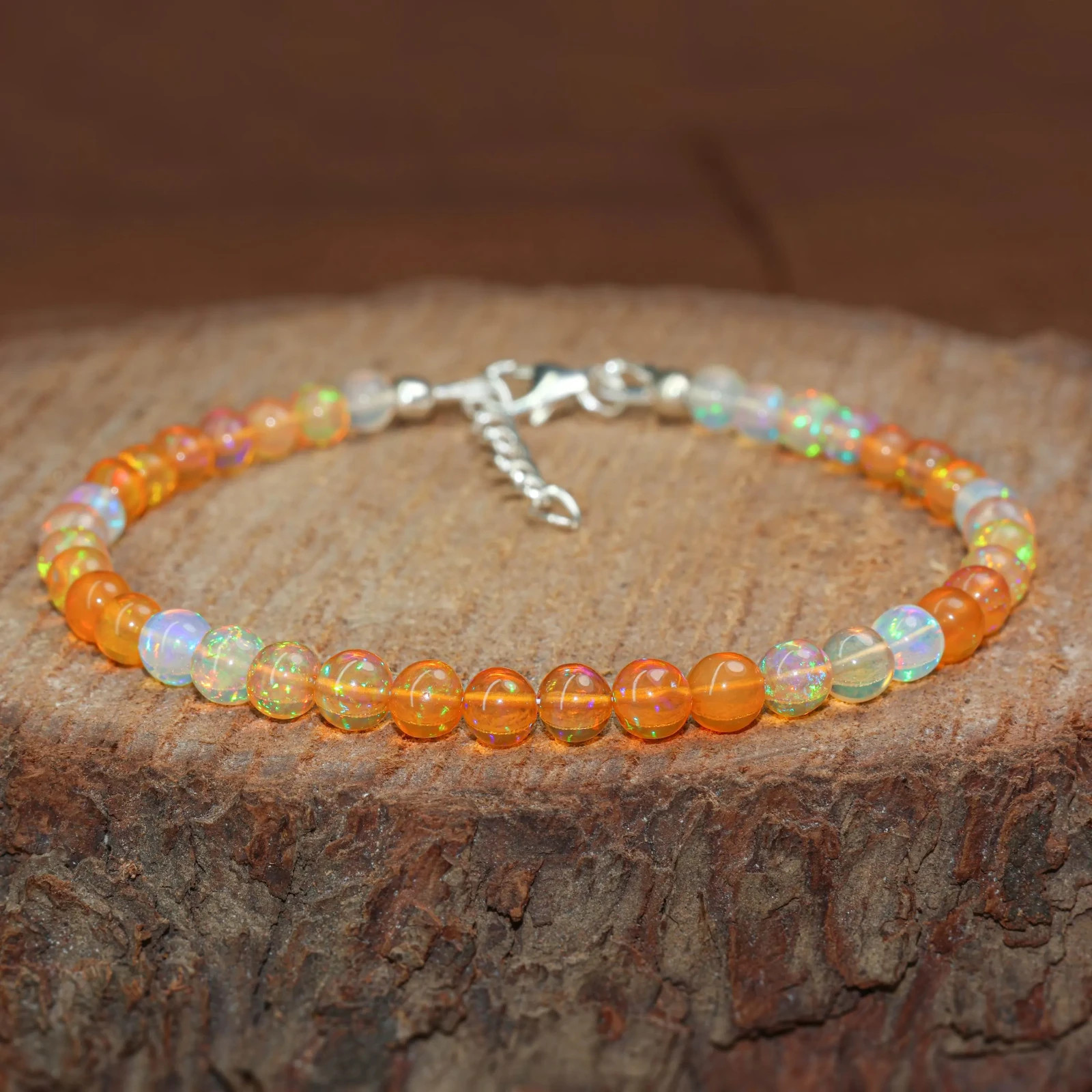 Orange Opal Gemstone Round Beads Bracelet, Genuine Fire Opal Beaded Bracelet