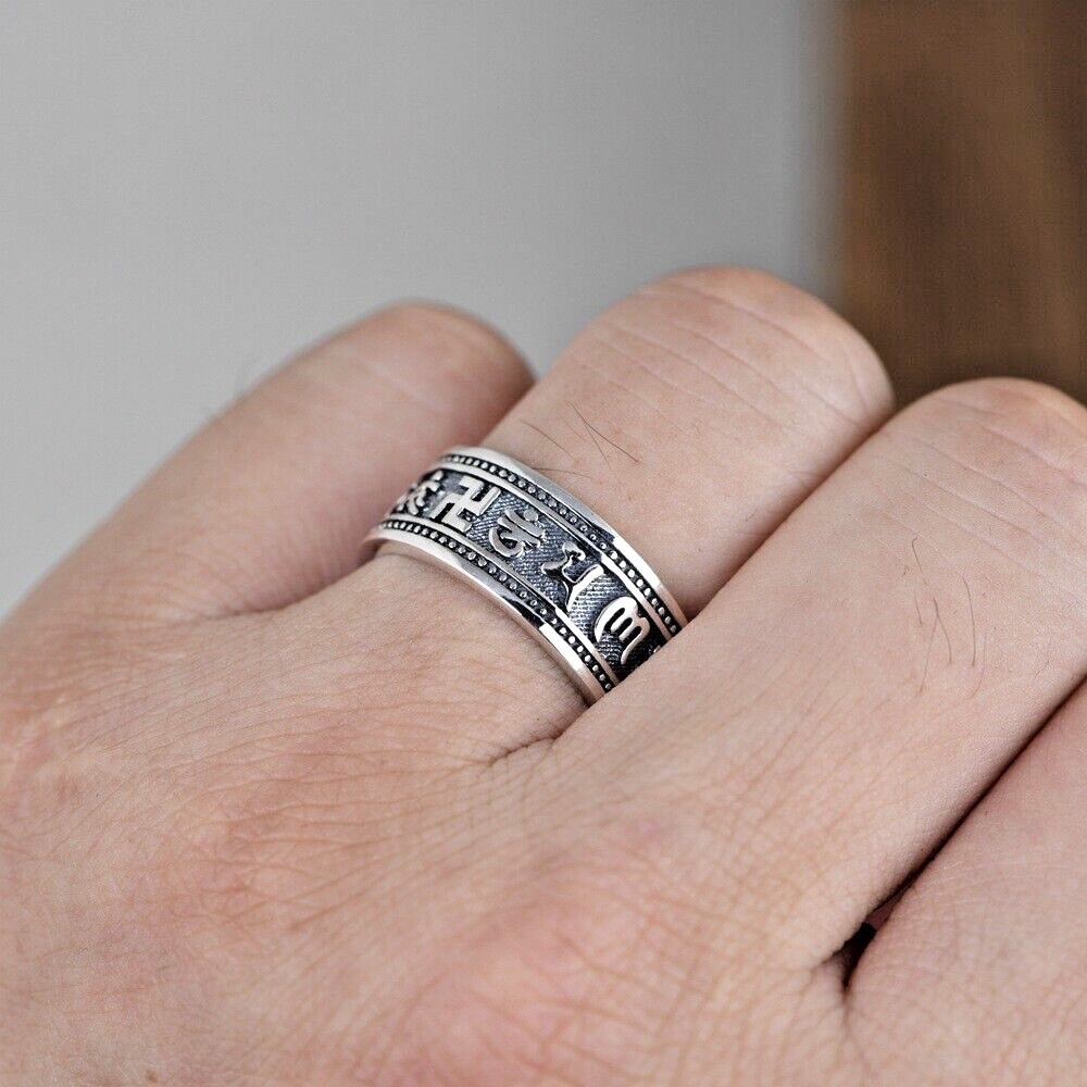 New mens sterling Silver Open Ring with Buddhist six-character mantra gift