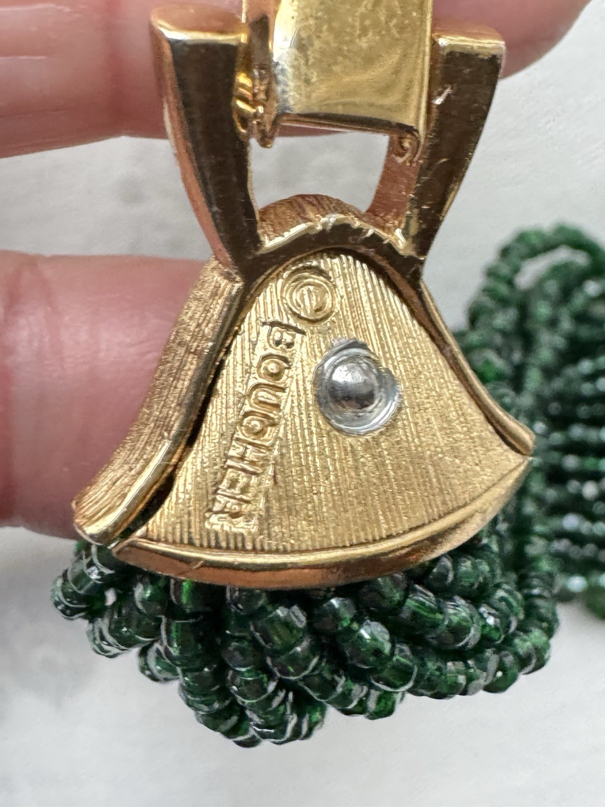 Rare Vtg Signed MARCEL BOUCHER Emerald Green Glass Seed Bead Demi Parure Set