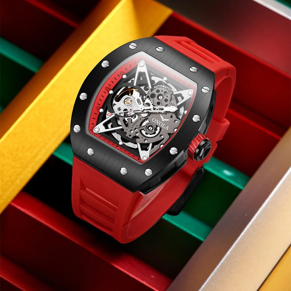 ONOLA Men Full Automatic Self-Wind Watch Mechanical Hollow Skeleton Waterproof