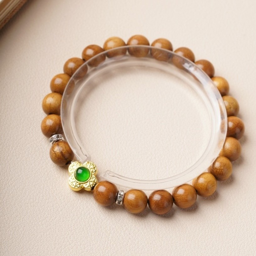 Round Golden Nanmu Meditation Bracelet Buddhist Prayer Beads for Men and Women