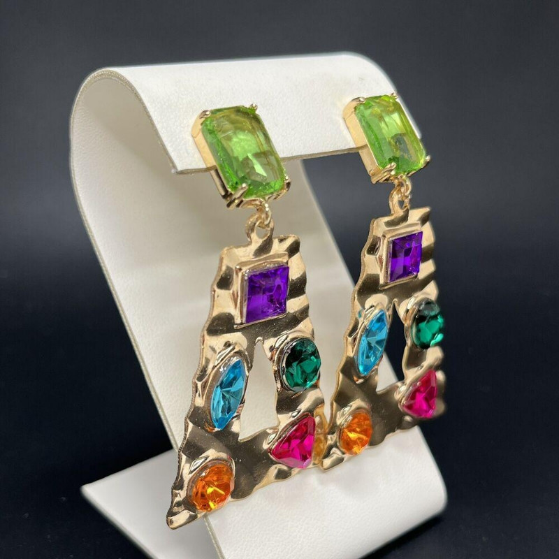 Door Knocker Earrings Gold Tone Pierced Rhinestones Colorful Mogul Hammered