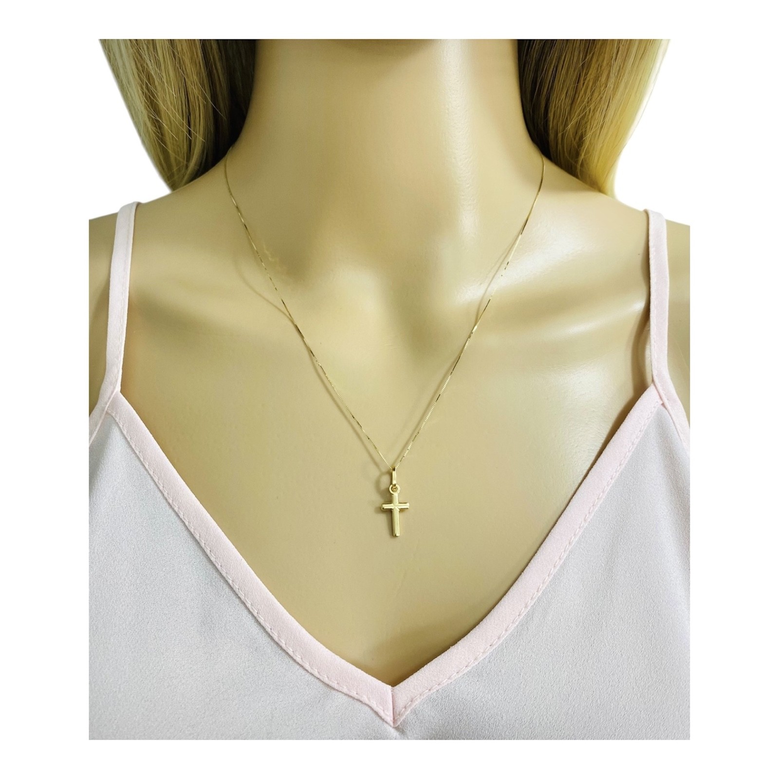 14K Solid Yellow Gold 0.7″ Cross Pendant with 0.5mm Box Chain Necklace – PT142