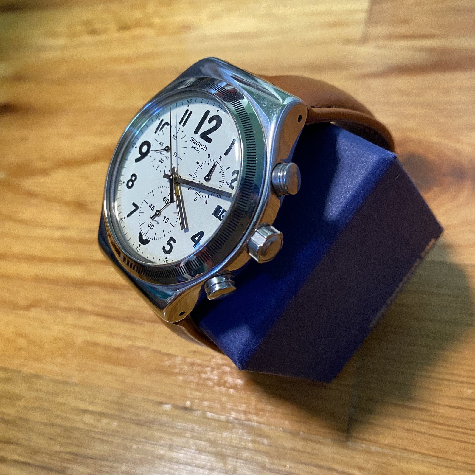 Swiss SWATCH Irony Chronograph YVS408 Leblon Brown Leather Watch 43MM White