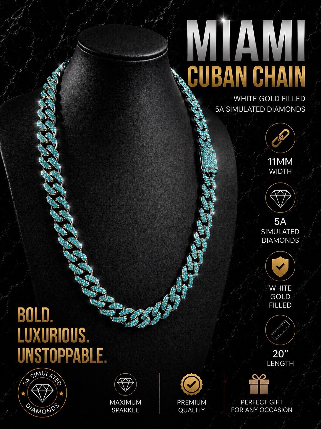 Iced out, 5A Cz, White Gold Filled, 20” Long, 11mm Miami Cuban Chain, Teal CZ