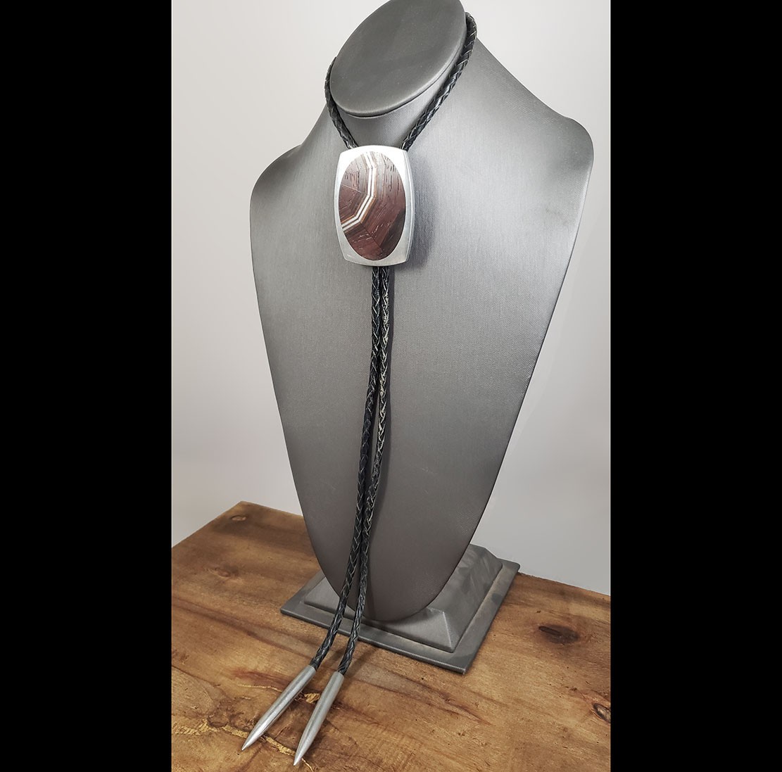 1979 Studio Artisan Signed Handmade Pewter & Hardwood Web Inlay Custom Bolo Tie