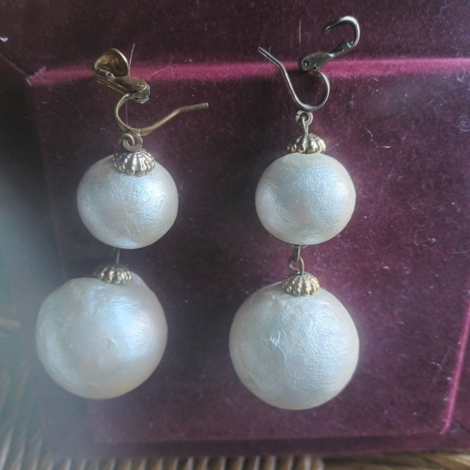 Stylish White Cotton Pearl Dangle EARRINGS 2.5″ Hook and Clip Combo