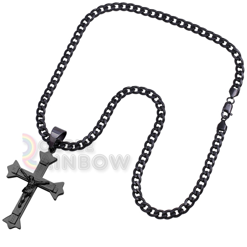 P27 24″Stainless Steel 316L Solid Black Jesus Cross Pendant Cuban Chain Necklace