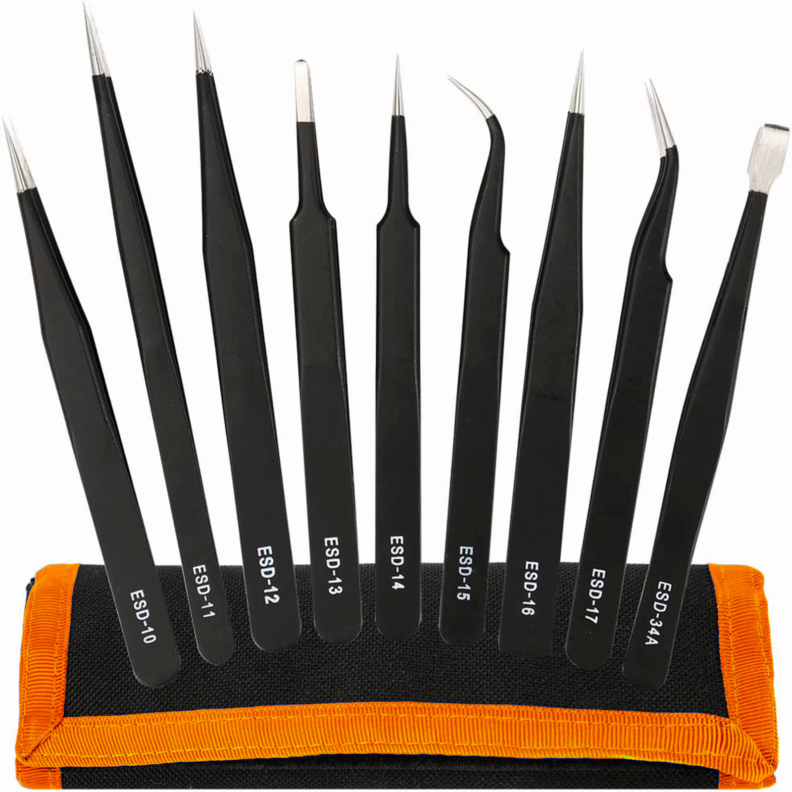10 Pcs Precision ESD Anti-Static Repair Stainless Steel Tweezers Set Kit Tools