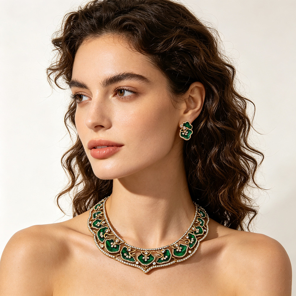 Handmade Enamel Rhinestone Lotus Leaf Bib Collar Necklace & Earrings Jewelry Set