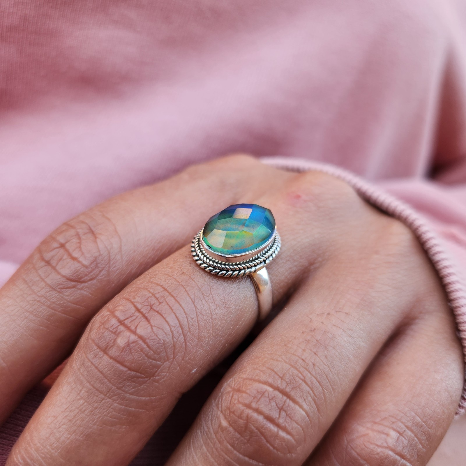 Aurora Opal Ring Aurora Borealis Ring 925 Sterling Silver Northern Light Ring