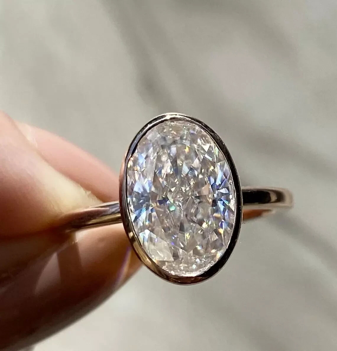 3Ct Oval Cut Lab Created Diamond Bezel Set Wedding Solitaire Ring 14K Gold FN