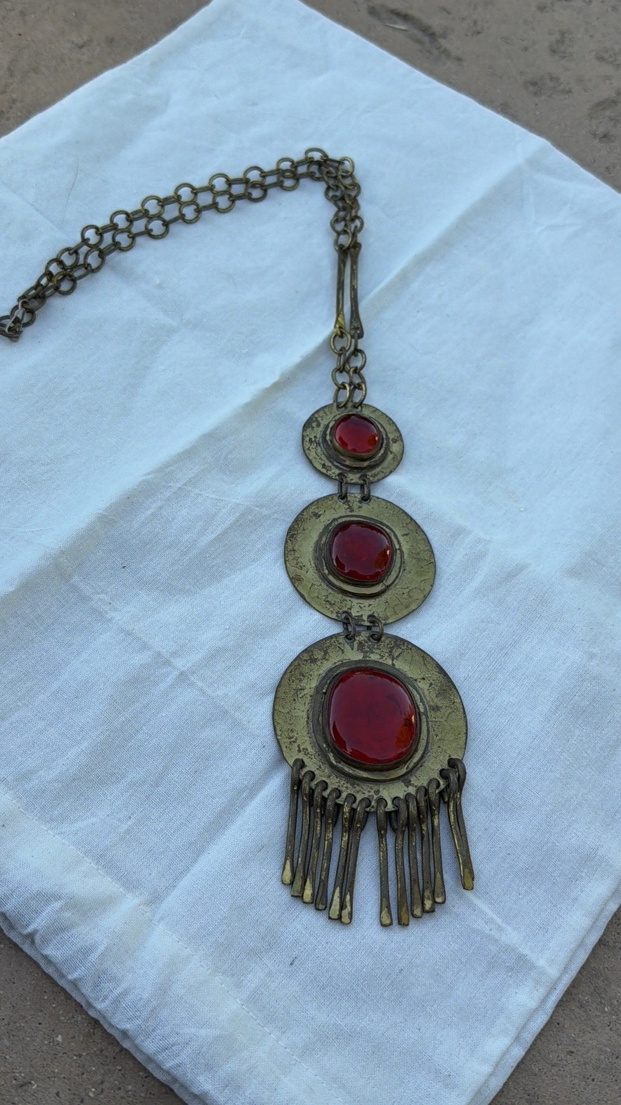 Rafael Alfandary Canada Necklace Modern Brutalist Brass 3 Glass Cabochon Fringe