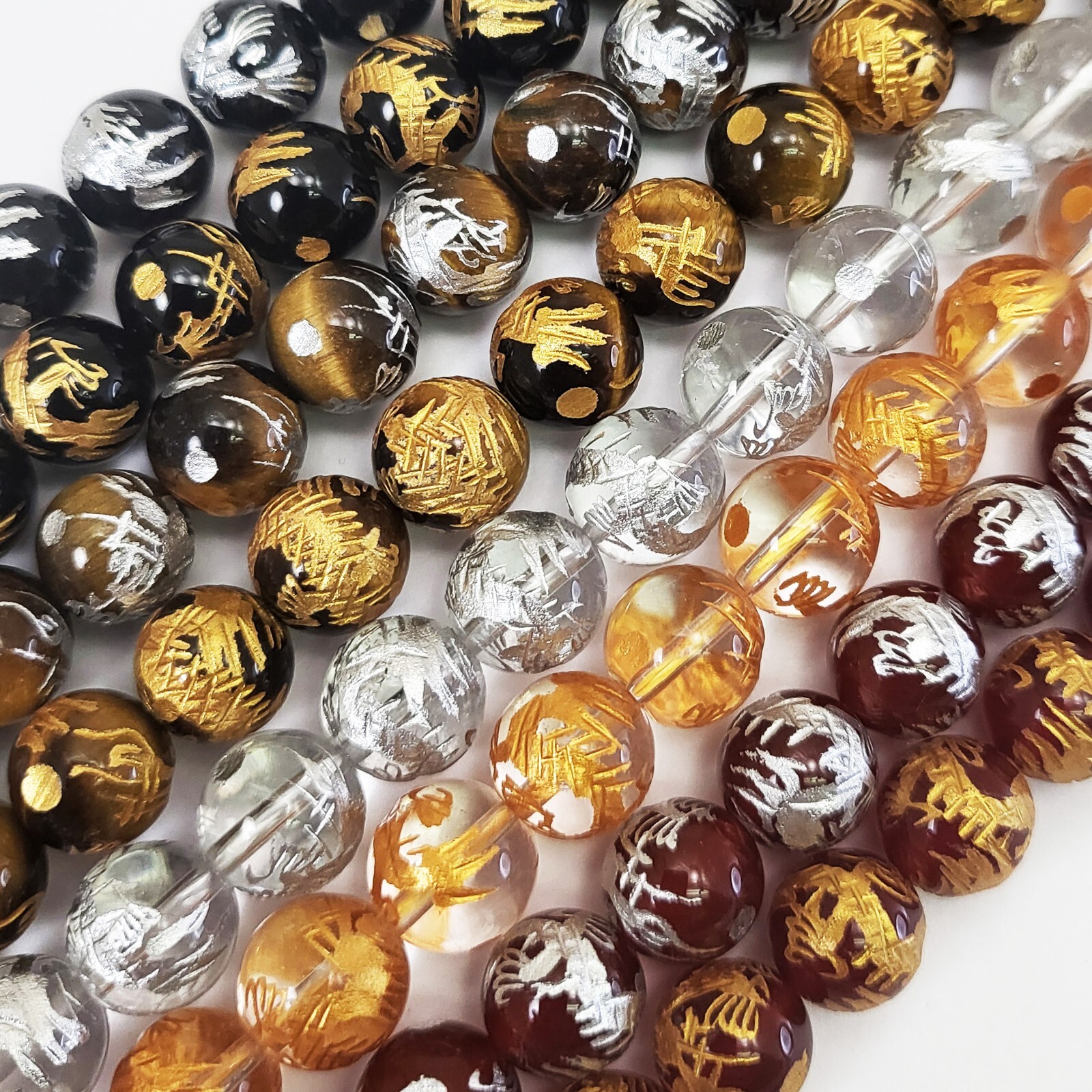 Gold Dragon Ball Gemstone Curved Dragon Round Beads Onyx, Crystal 10mm 12mm 14mm