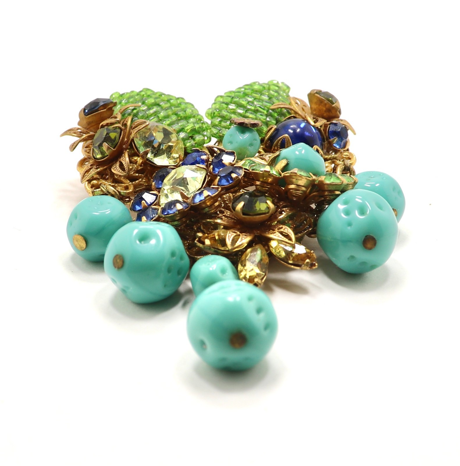 VINTAGE AMOURELLE FRANK HESS FLORAL BEADED DANGLING BROOCH