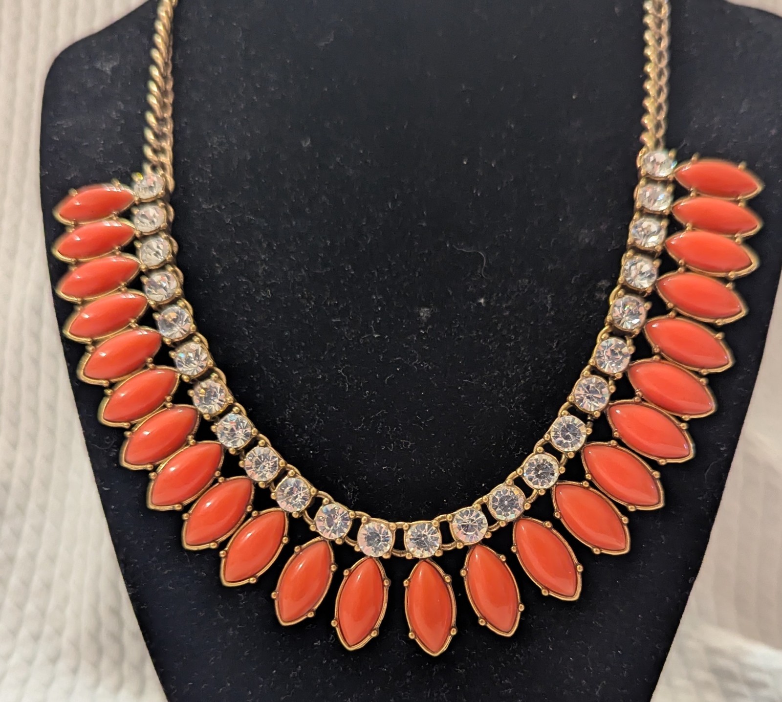 J Crew Statement Necklace Coral & Clear Colored Stones 18-22.5 in