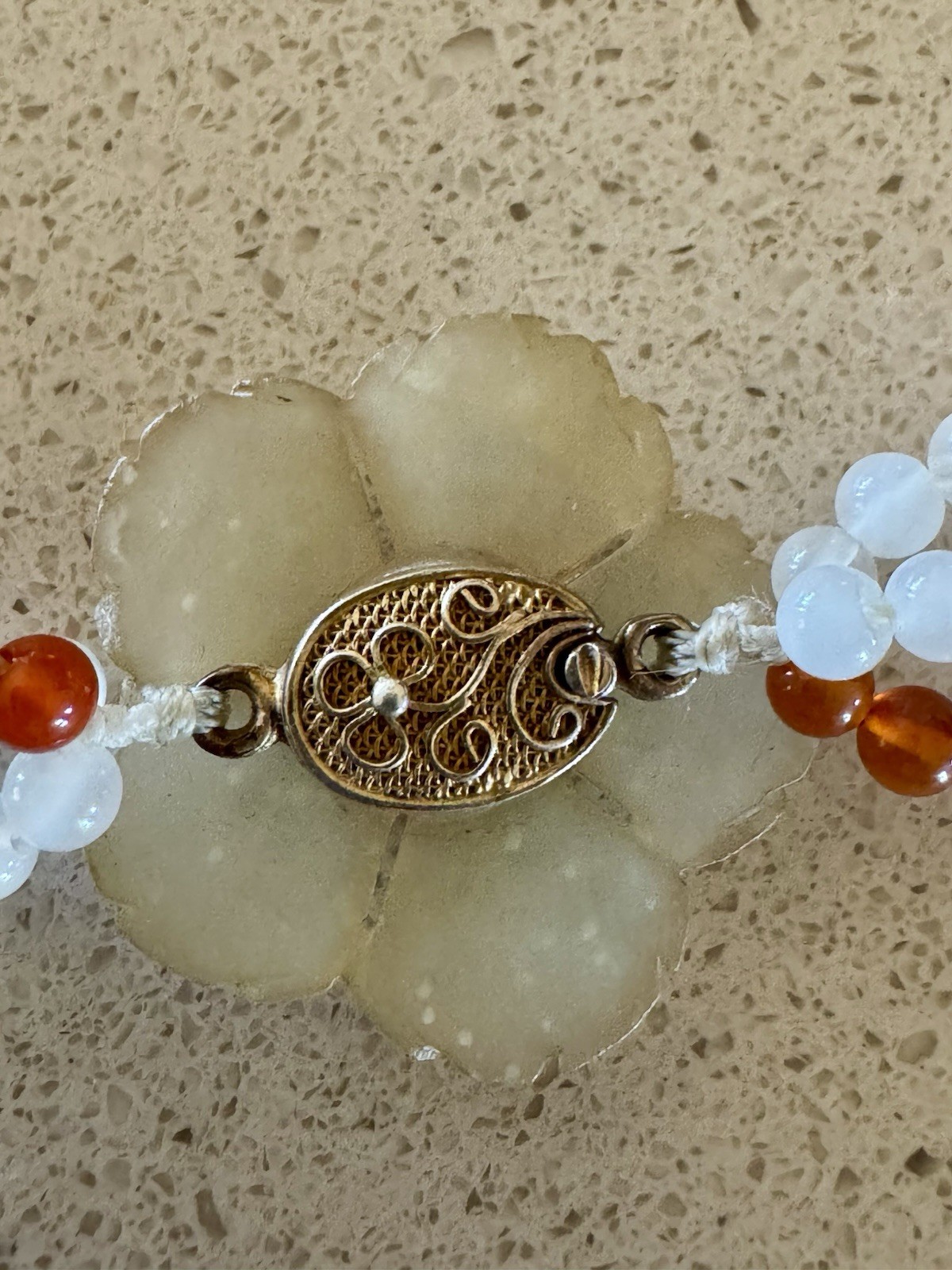 Vintage White & Orange Beaded choker w/ hand-carved chalcedony Flower Pendant