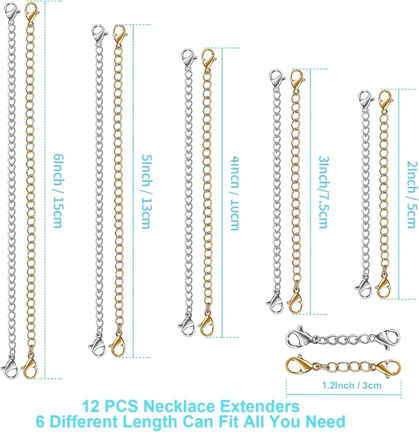 12 Pcs Extender /Safety Chain Extender Necklace Bracelet Lobster lock 1″ To 6″