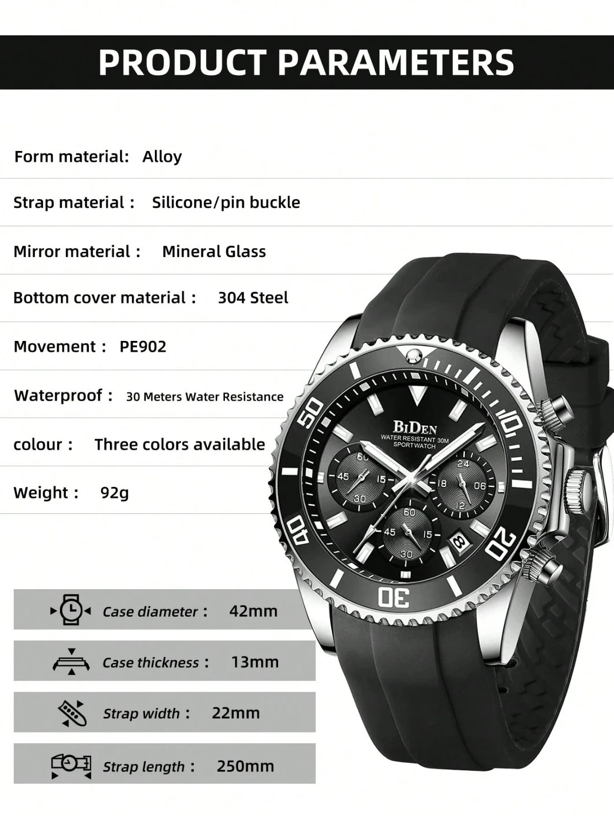Men’s Diving Bezel Chronograph Watch Water-Resistant Rubber Strap Simulated Date