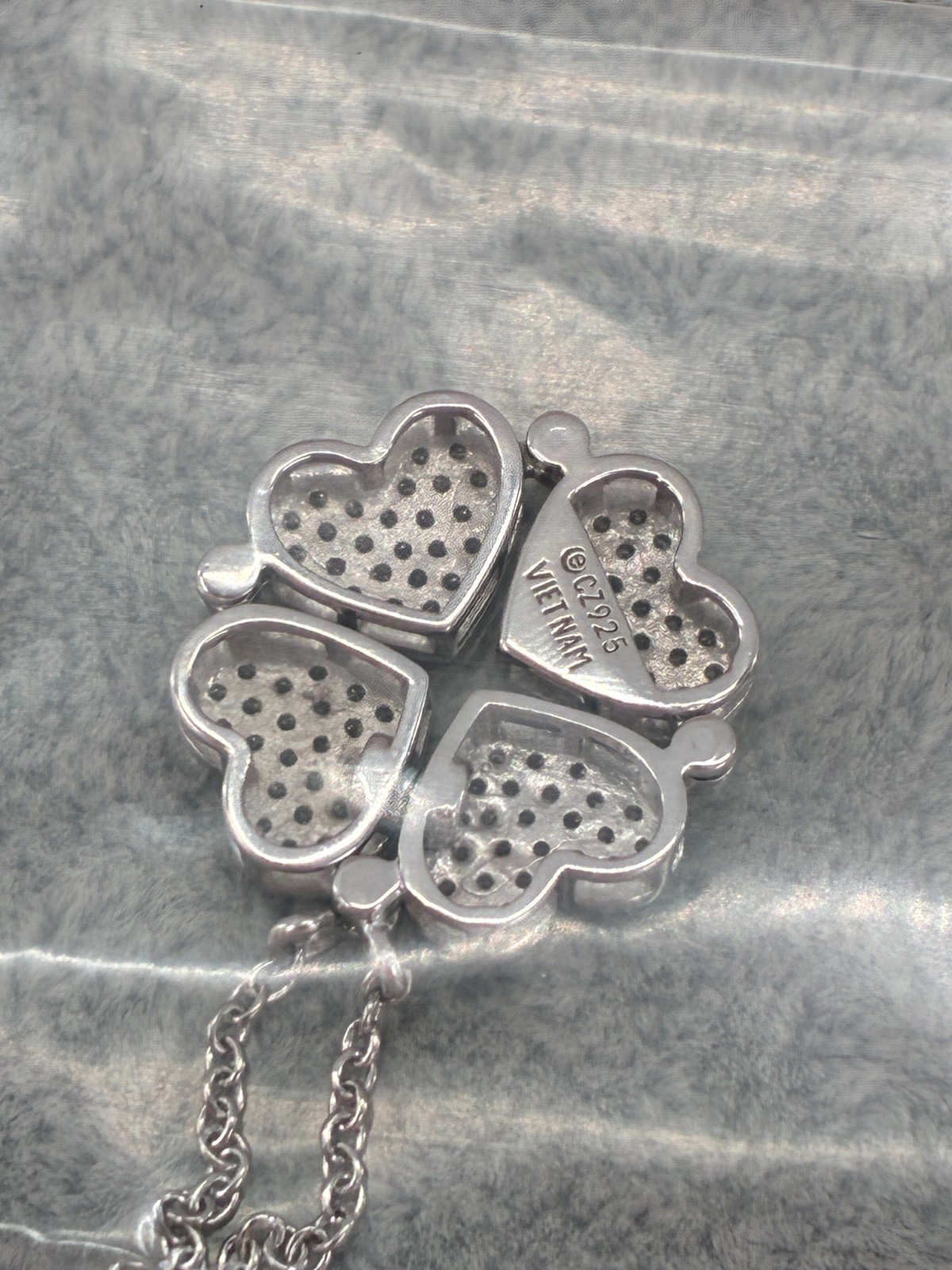 Diamonique Four Heart Clover Leaf Pave Convertible Pendant Necklace Sterling 925