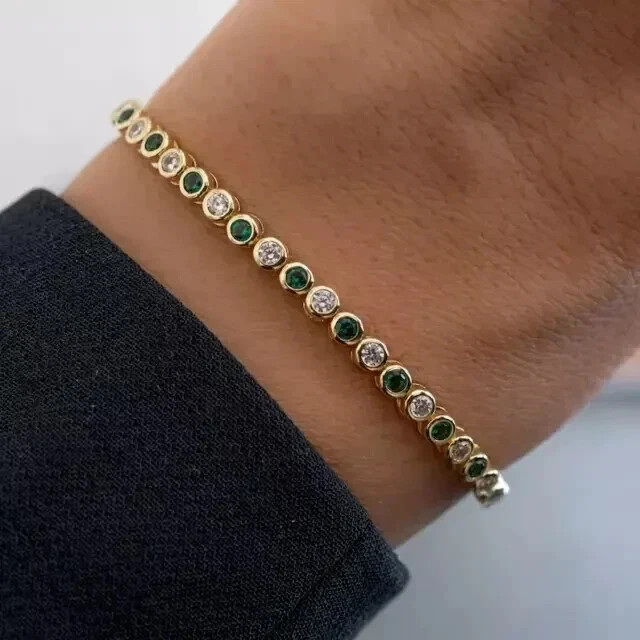 14K Yellow Gold Plated 4.00CT Round Cut Natural Green Emerald Tennis Bracelet