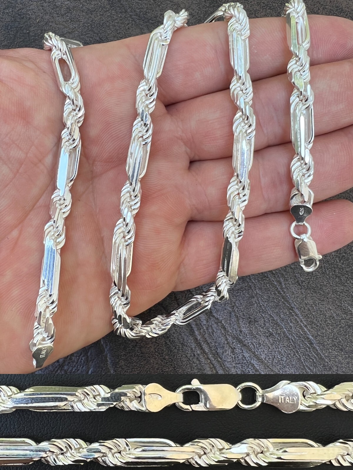 Men’s FigaRope Chain Real Solid 925 Sterling Silver Necklace Bracelet 6mm Milano