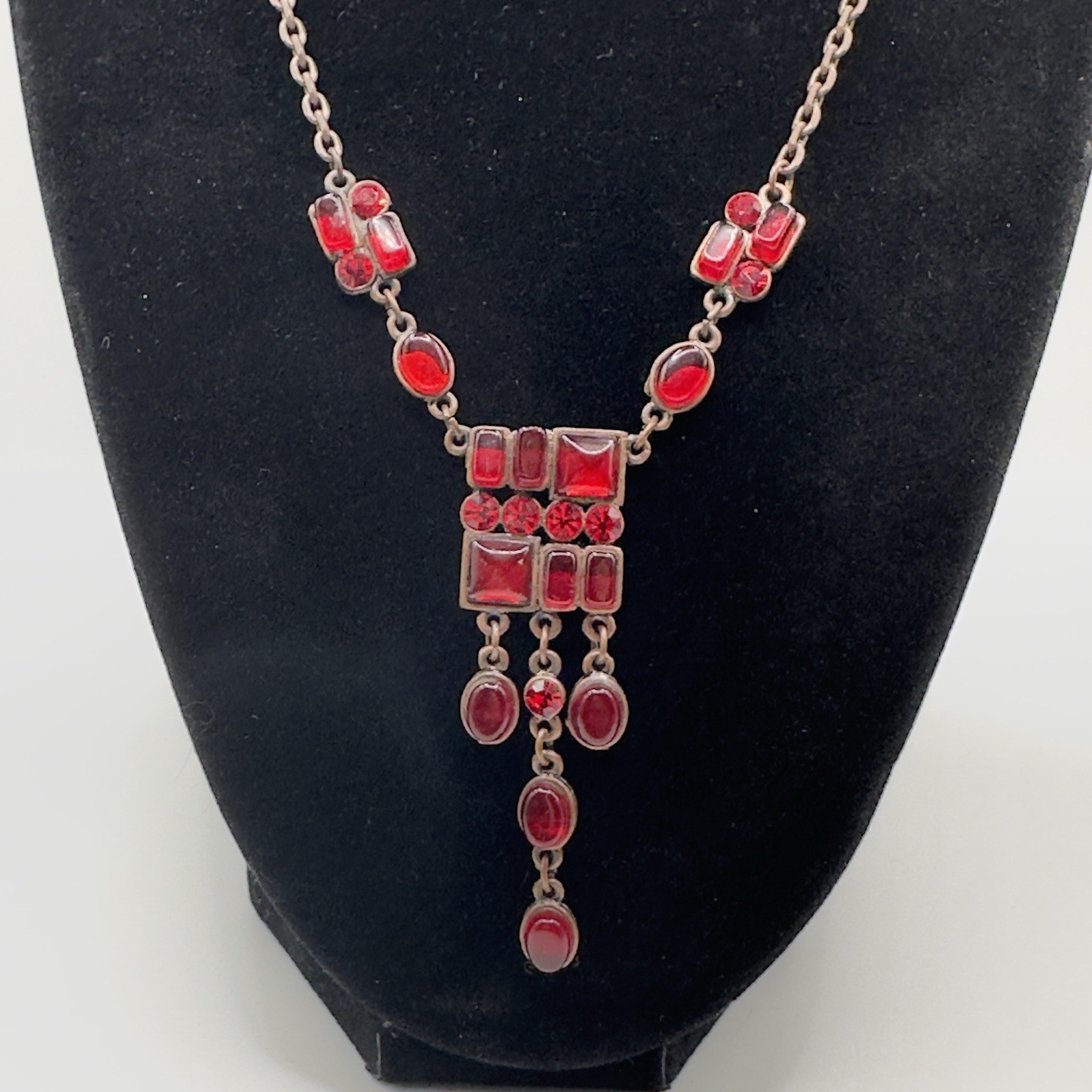 Art Deco Inspired Necklace Bronze Tone Red Lucite Dangles Adjustable 16″ – 19″
