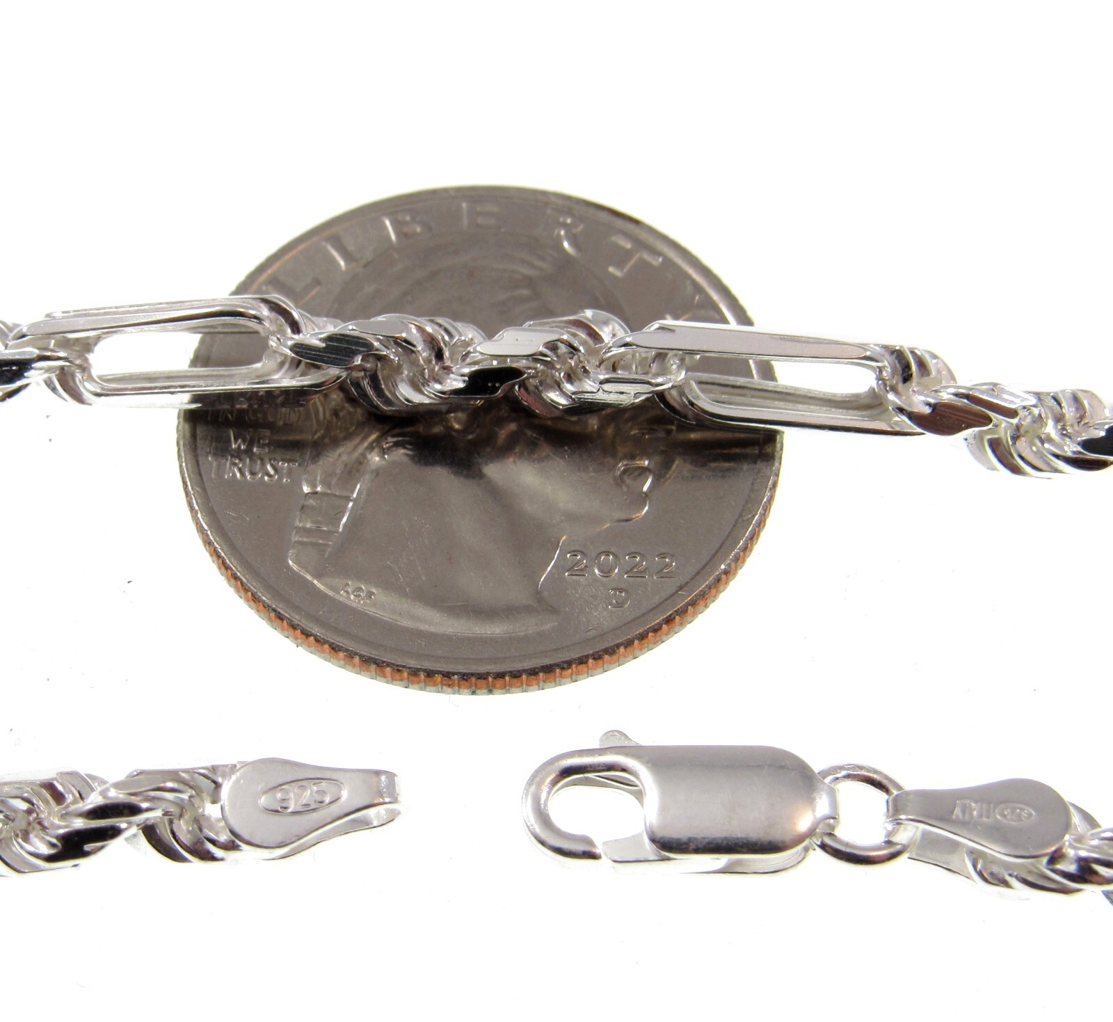4MM Solid 925 Sterling Silver Men’s Italian Figarope Chain Necklace or Bracelet