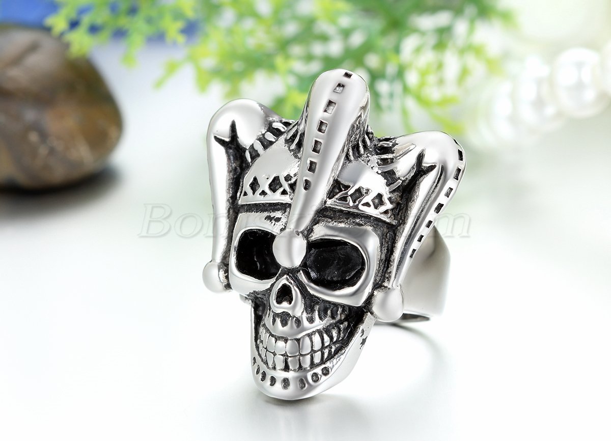 Men’s Gothic Biker Punk Stainless Steel Vinatge Clown Skull Ring Band Size 7-12