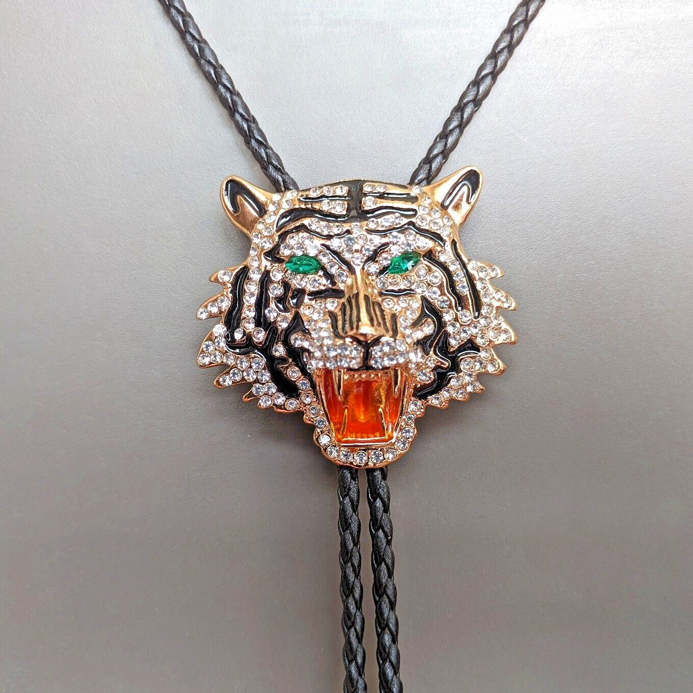 Rhinestone Gold Tiger Head Bola Bolo Tie Wedding Necklace Western Cowboy Necktie