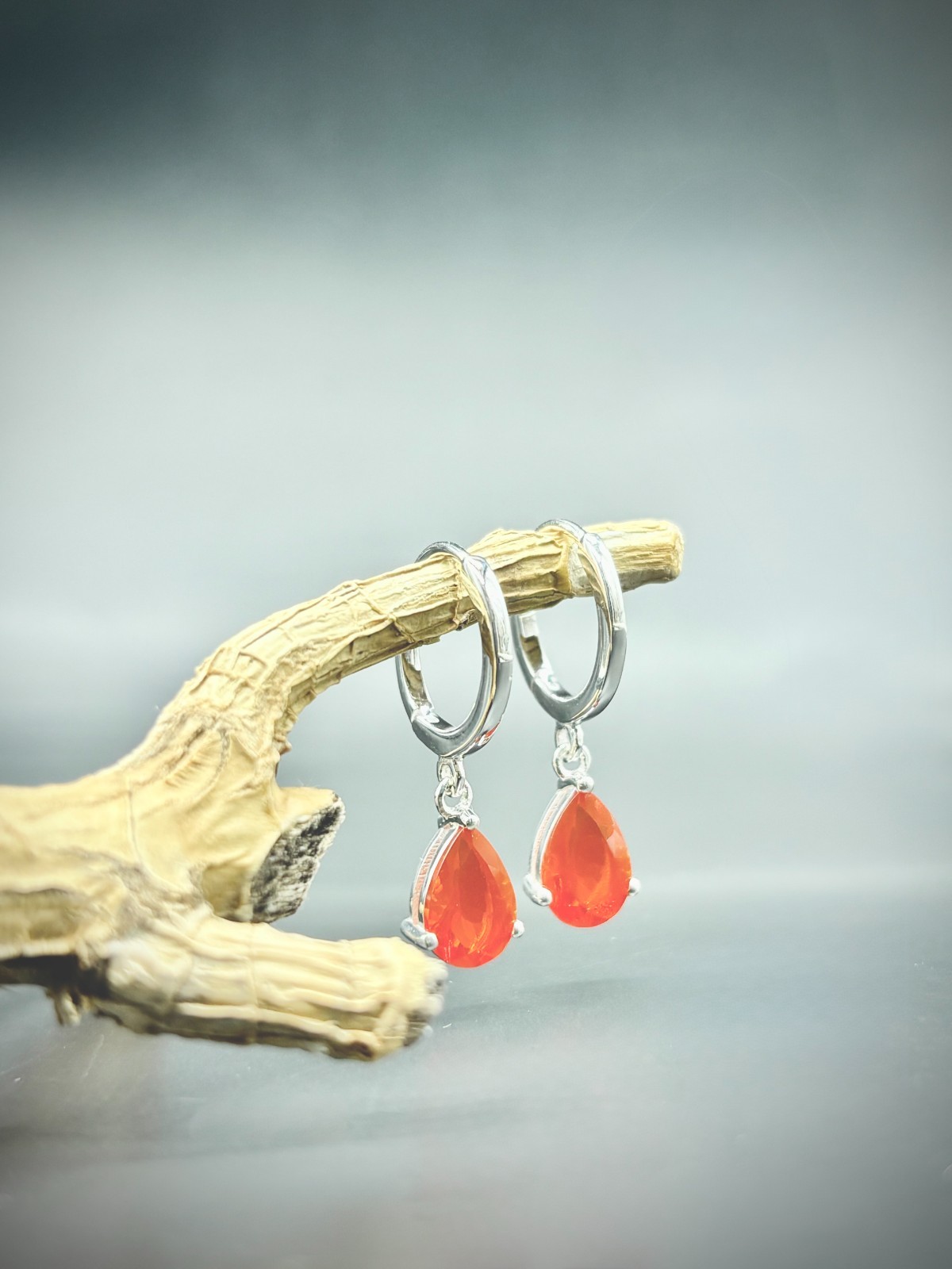 Mexican Fire Opal Dangle Earrings in Sterling Silver | Pear Cut 9x6mm, 1.41 CTS