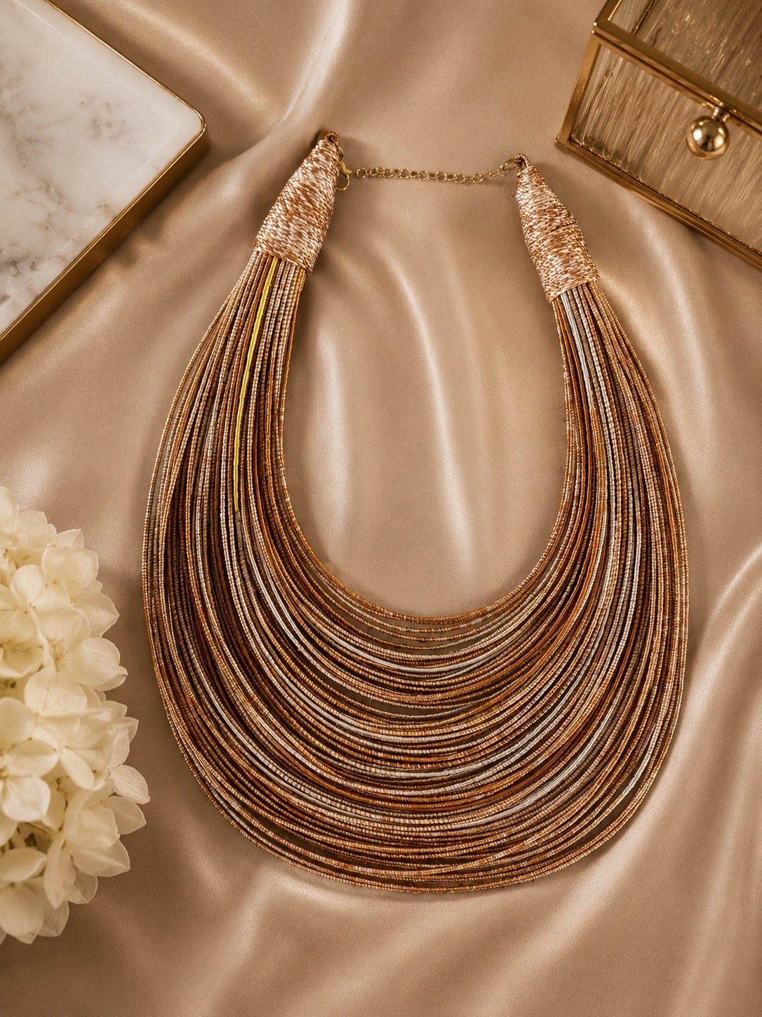 Boho Luxe Multi Strand India Silk Neutral Statement Bib Necklace Runway Glam