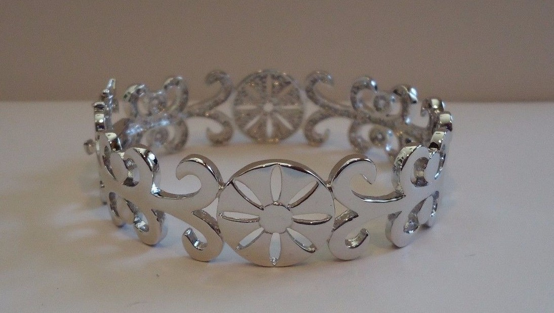 WHITE GOLD OVER 925 SILVER FLOWER DESIGN ITALIAN BRACELET LAB CREATED DIAMONDS