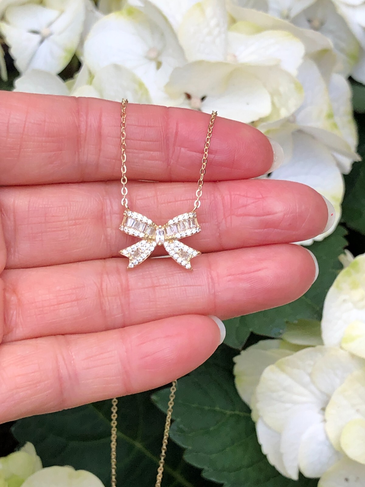 925 Sterling Silver Cz Gold Bow Pendant Necklace 15.5mm(0.61″) 15.75-17.75″