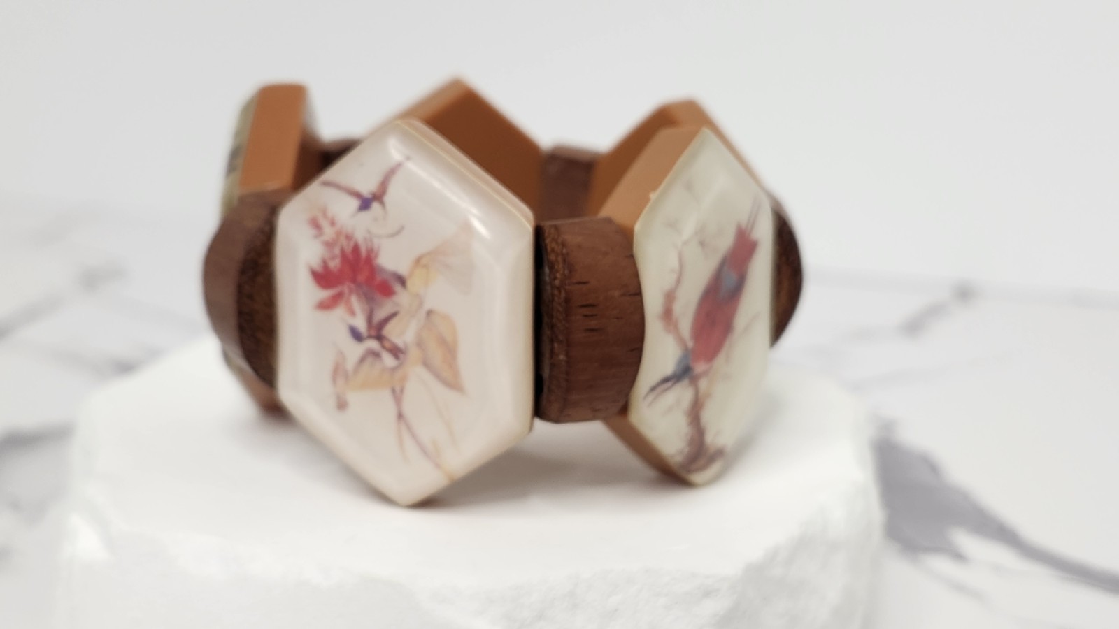 Boho Tropical Wooden Hexagon Tile Bracelet Acrylic Resin Bird Print Statement