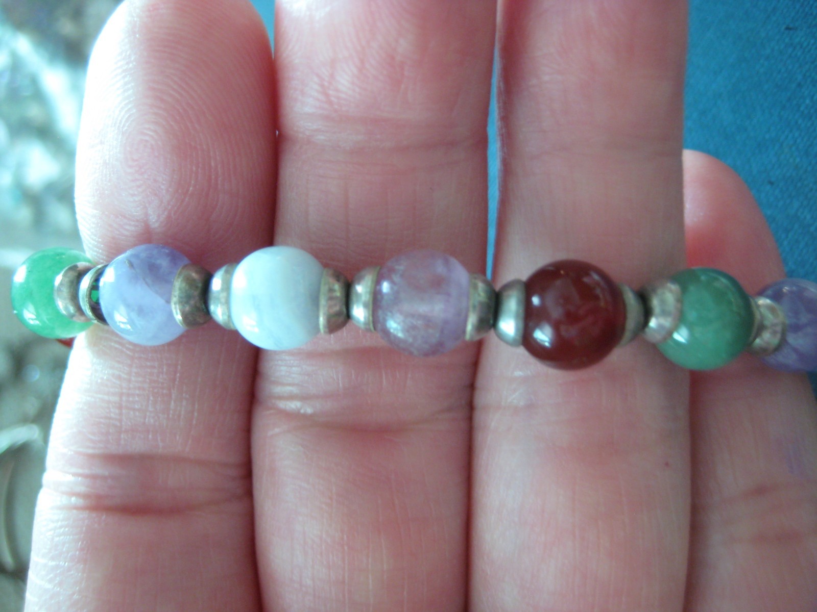 Sterling Silver Multi Bead Gemstone Toggle Clasp Bracelet 7.5″ (C9)