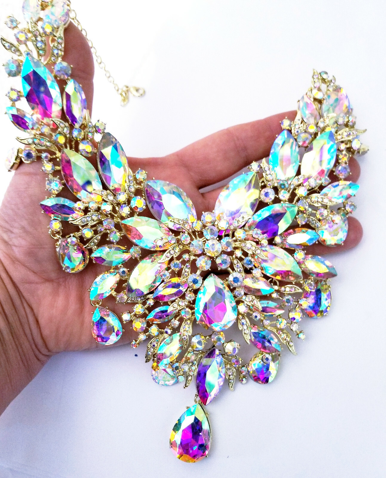 Breastshield Bib Necklace Earring Set Rhinestone AB