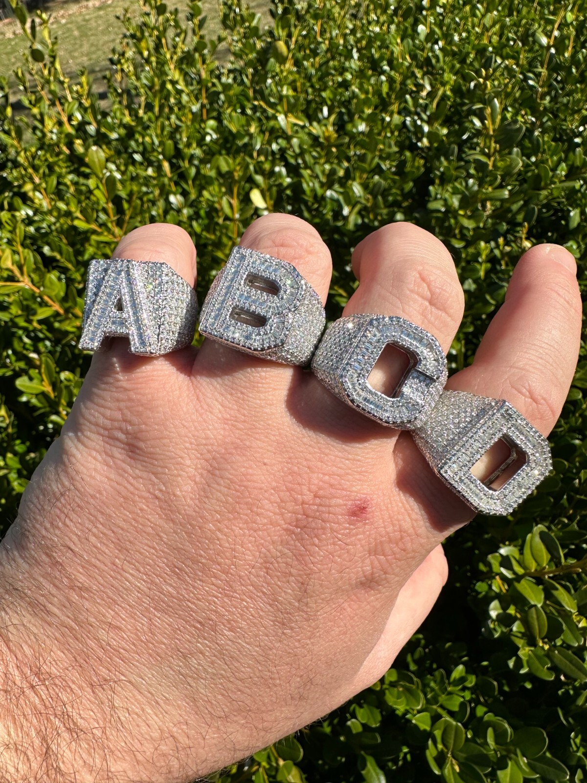 Real MOISSANITE Large Initial Letter Ring Iced Baguette Hip Hop 925 Silver A-Z