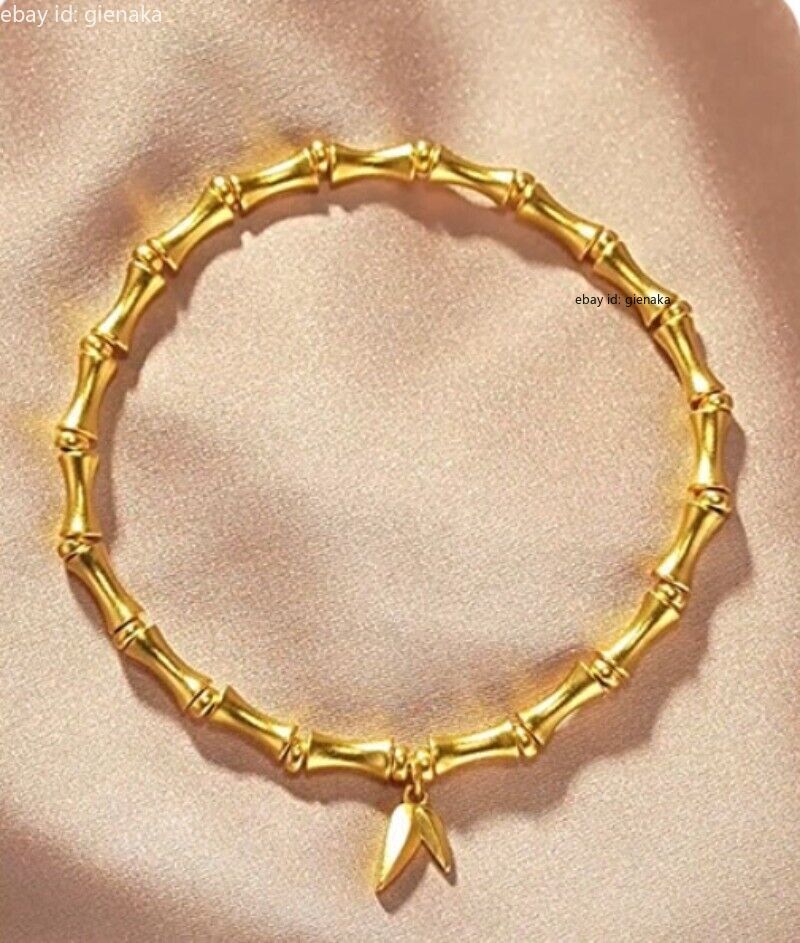 Pure 999 24K Yellow Gold Bracelet Women Gift Lucky Bamboo Bangle 6.7-7.9inch