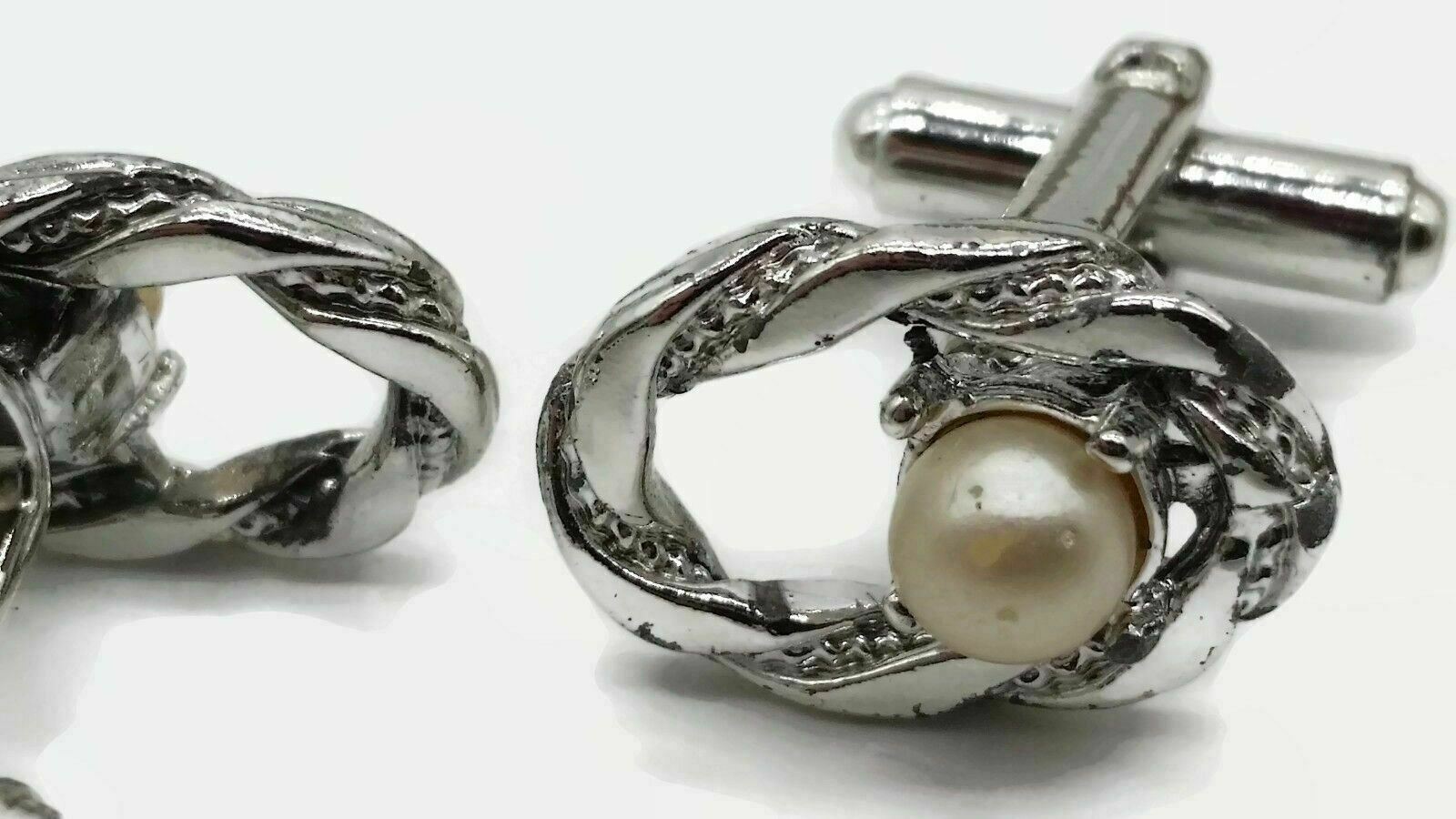 Sliver Toned 3/4″ Cufflinks Cuff Links w/ Faux Pearl Male Female Unisex