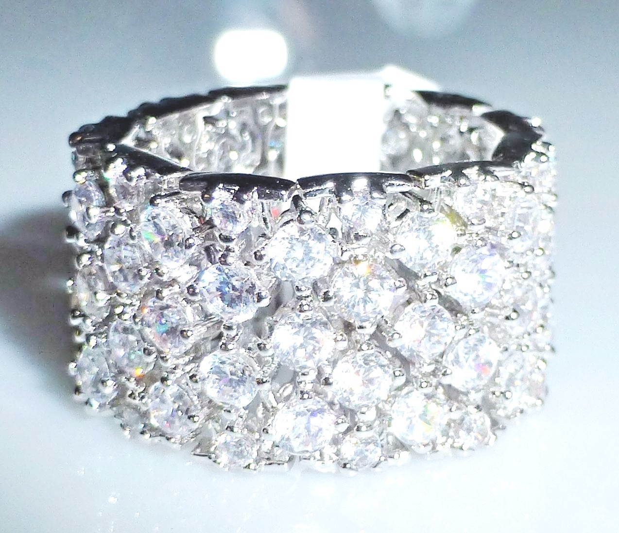Band Ring Flexible-Silvertone-1/2″ Wide-4 Rows of SHINY CZ’s-NWT-Size Selectable