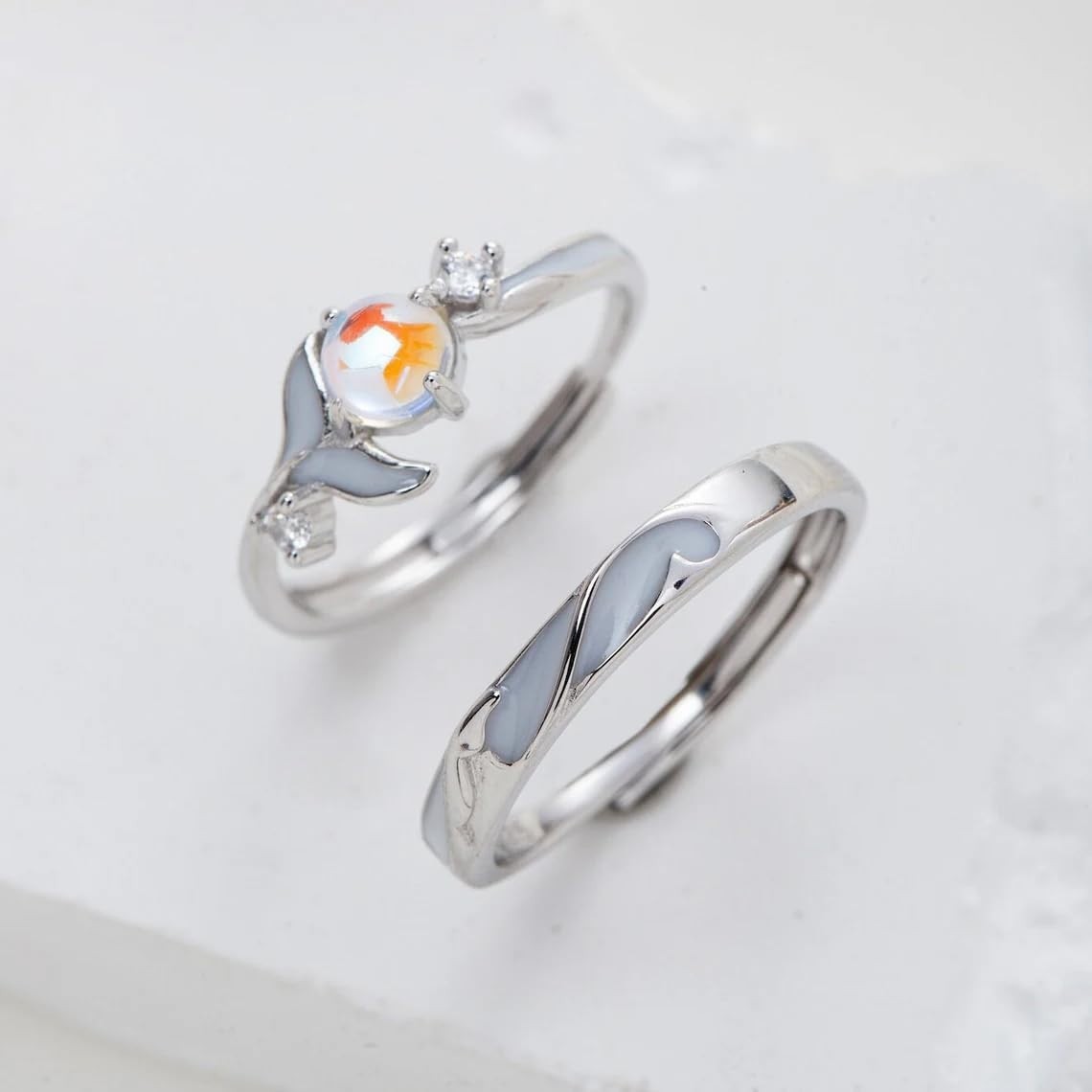 Adjustable Moonstone Silver Promise Rings Set for Couples – Matching Gift for Hi