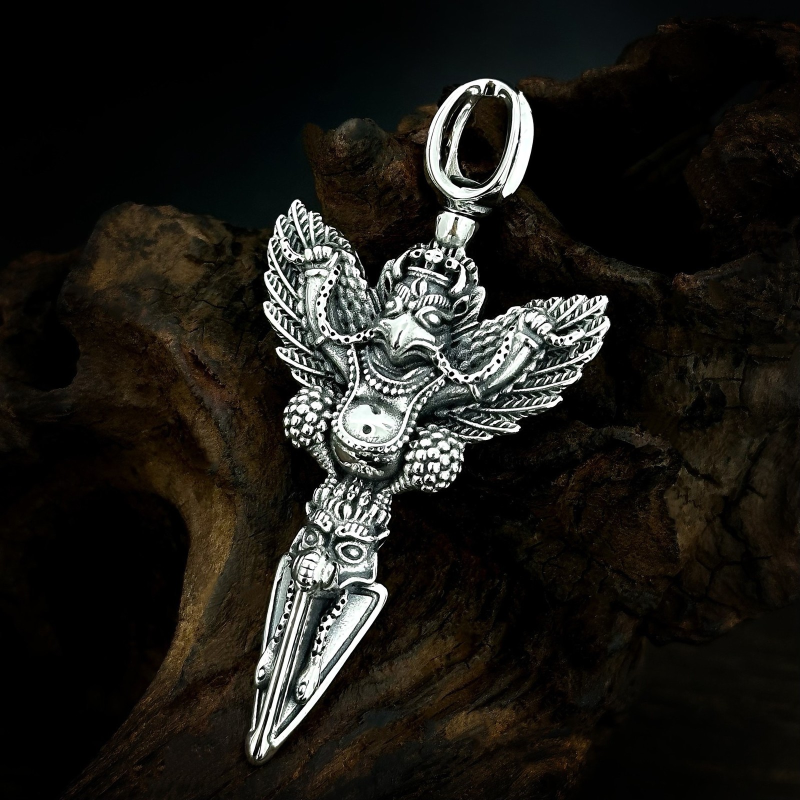 Solid 925 Silver Tibetan Garuda Phurba Dagger Pendant Mens Buddhist Amulet