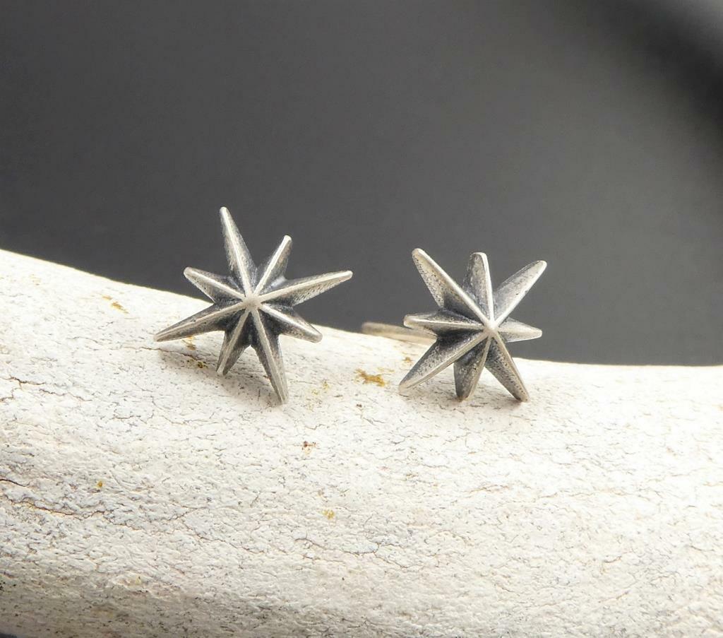 Sterling Silver Octagram Star Asterisk Starburst Tiny Small Stud Earrings Gothic