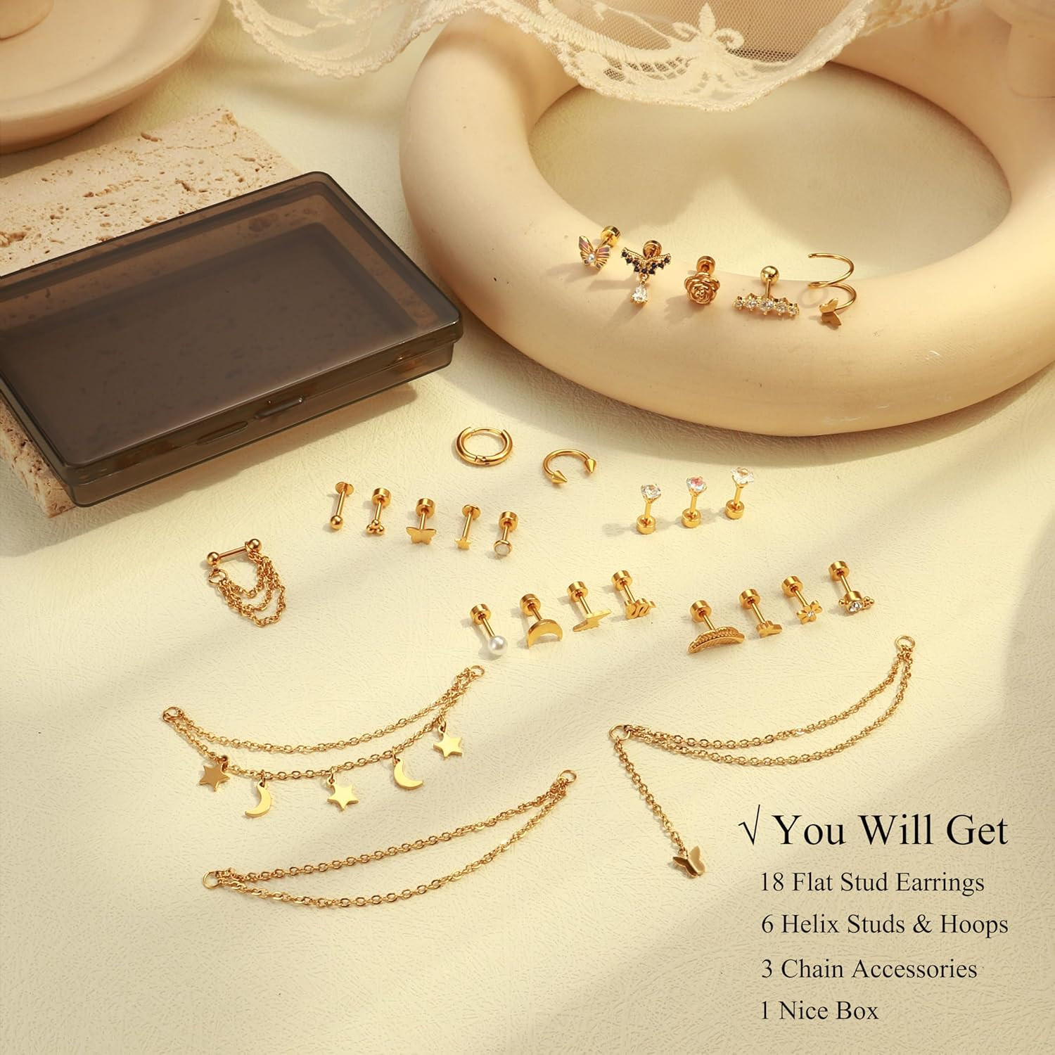 27Pcs Flat Back Earrings Hypoallergenic Surgical Steel Stud Earring Stacks Set D
