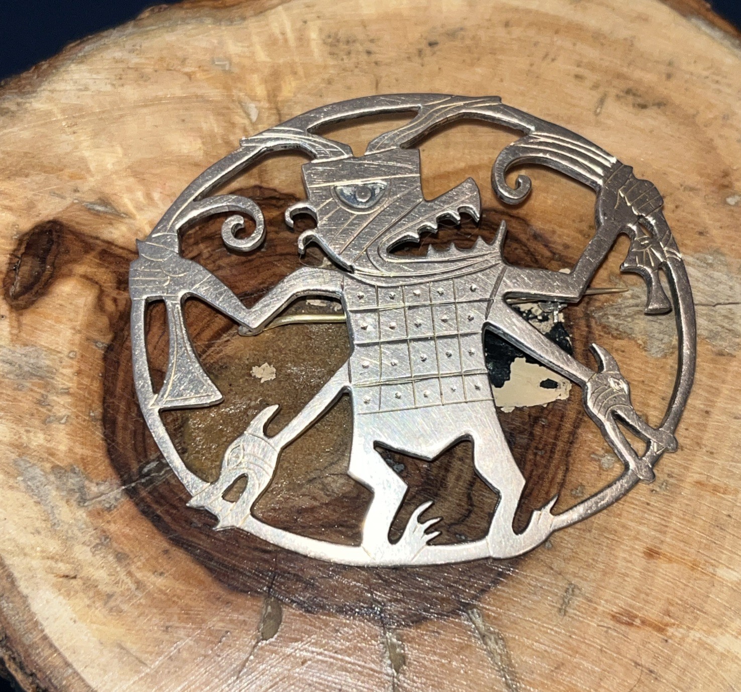 Vintage Sterling Silver Large Brooch Made In Peru Tribal Design Fantastic 29g