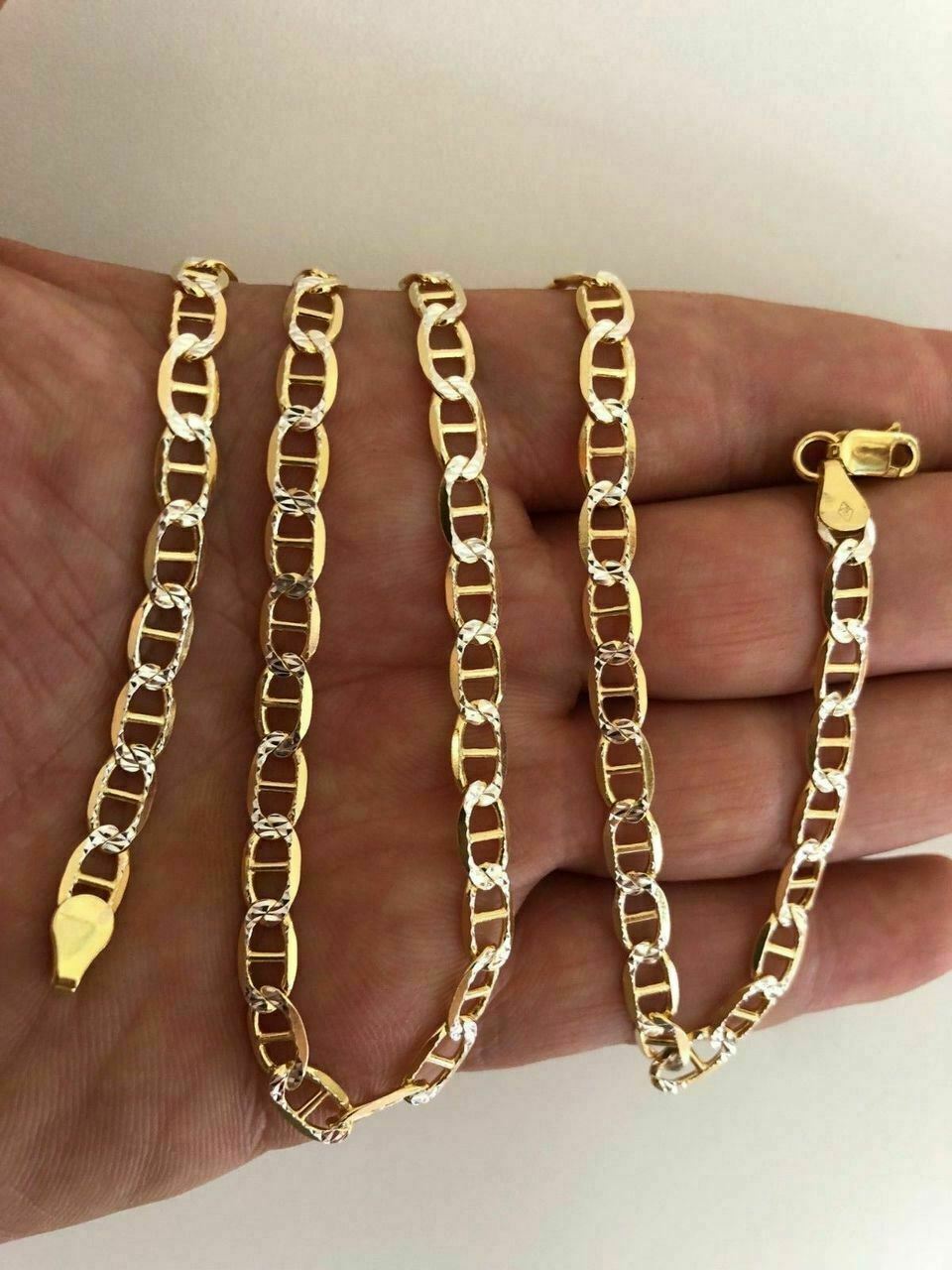 6mm Real 14k Gold Plated 925 Silver Diamond Cut Two-Tone Mariner Link Chain Flat
